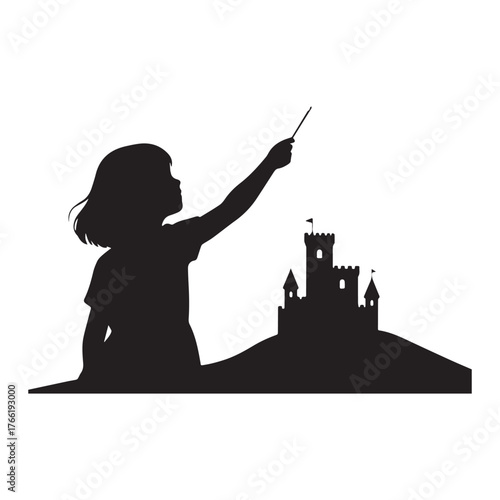 Silhouette of girl reaching for fireworks near castle on hill woman hand. 