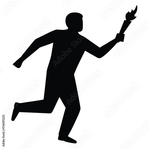 Silhouette of a determined runner carrying a flaming torch in a dynamic pose