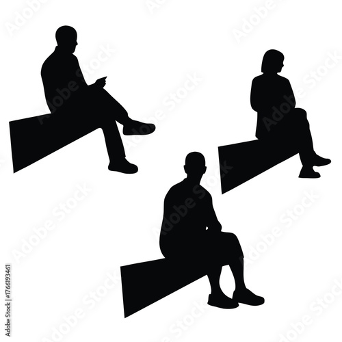 Silhouettes of three people sitting on a bench against a white background