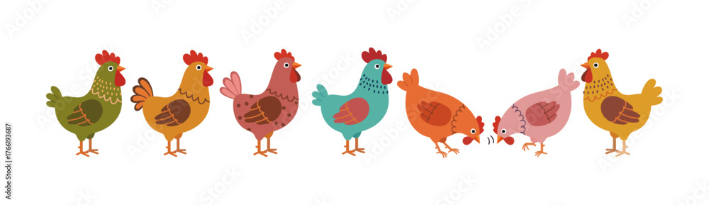Fototapeta premium Colorful Chicken Vector Illustration – Cute Farm Hens in Different Poses, Cartoon Poultry Collection, Playful Barnyard Animals for Kids, Agriculture Design, and Rural Farm Life Concept