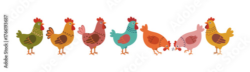 Colorful Chicken Vector Illustration – Cute Farm Hens in Different Poses, Cartoon Poultry Collection, Playful Barnyard Animals for Kids, Agriculture Design, and Rural Farm Life Concept