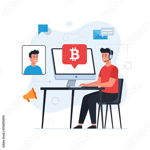 Bitcoin Customer Support Illustration, Crypto Call Center Concept, Online Cryptocurrency Help Desk, Virtual Bitcoin Consultation, Digital Currency Support, Tech Service Vector, Crypto Communication