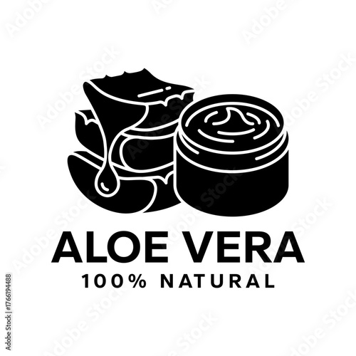 Aloe Vera symbol, logo, badge, icon, sticker, label, sign, emblem, stamp, black, green, line, flat vector, isolated illustration. Aloe Vera label for product packaging design.