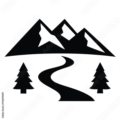 Stylized silhouette of majestic mountains winding river and evergreen trees in black and white