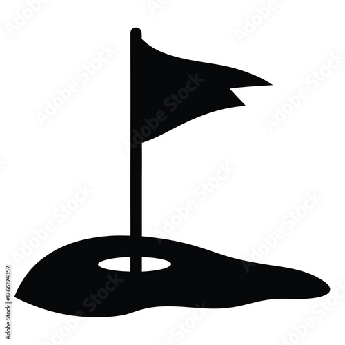 Silhouette of a golf hole with a flag on a small mound against a white background