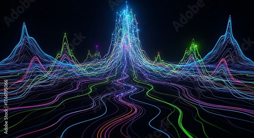 Abstract visualization of vibrant glowing lines representing digital data streams and interconnected networks, symbolizing advanced technology, information flow, and big data