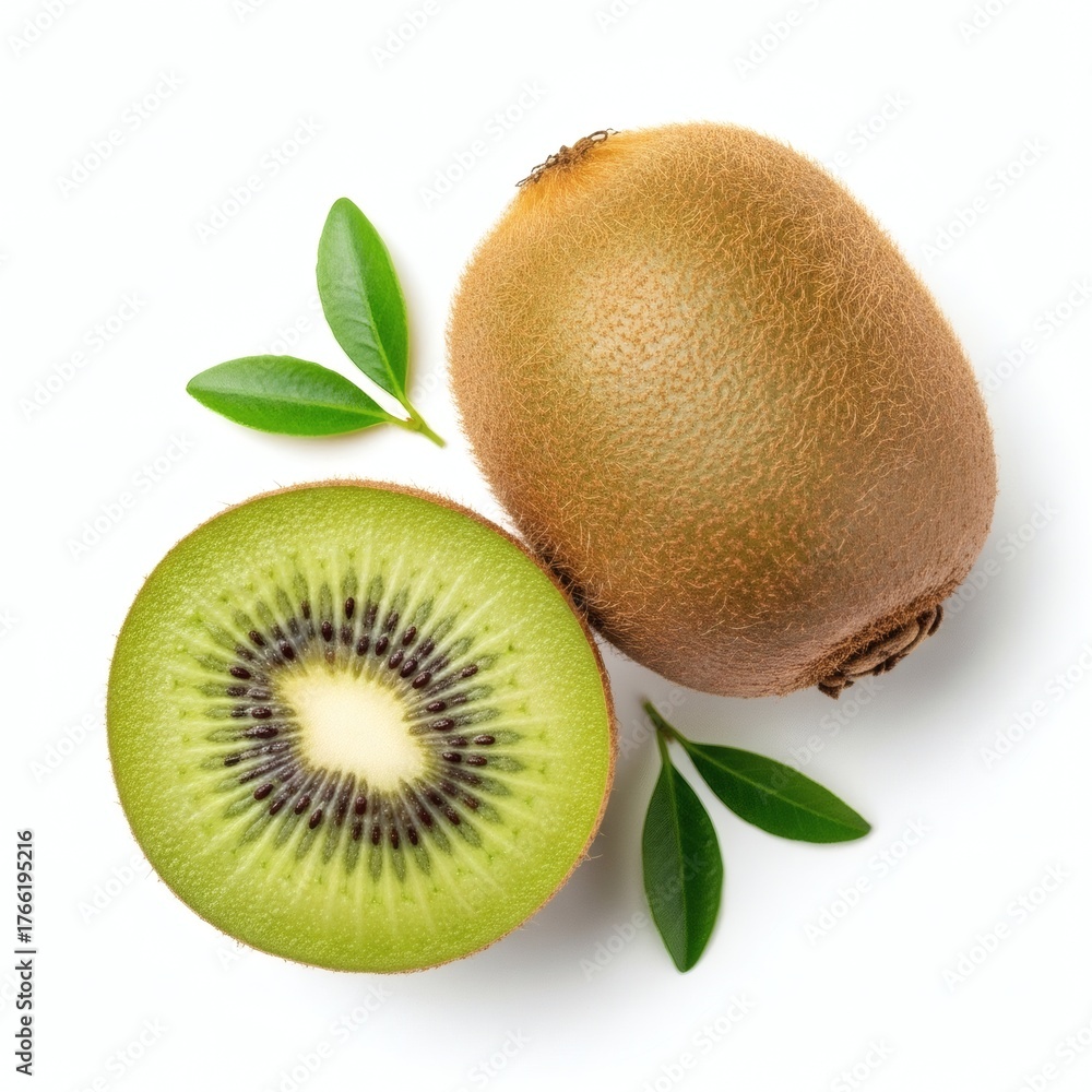 Fototapeta premium Fresh Green Kiwi Fruit Cut in Half with Whole Fruit and Leaves on White Background Top View