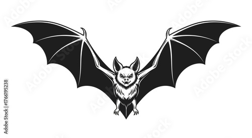 Monochrome illustration of a bat with spread wings and an angry expression.