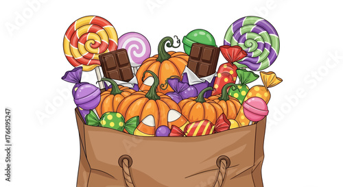 A brown paper bag overflowing with Halloween candy and small pumpkins.