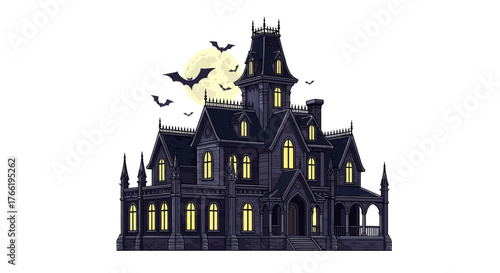 A spooky, dark Victorian mansion with glowing windows and bats flying under a full moon.