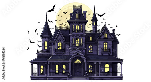 A spooky Victorian haunted house with glowing windows under a full moon with a swarm of bats flying around.
