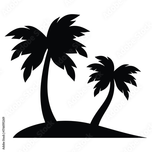 Silhouette of two palm trees on a small island against a white background