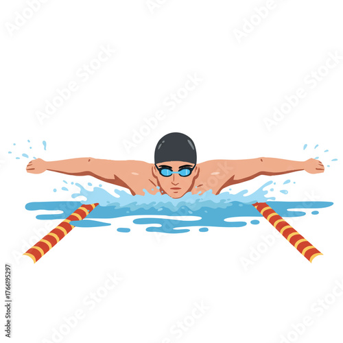 A male athlete wearing goggles and a swim cap executes a powerful butterfly stroke during an intense competitive swimming lap, illustrated in a vibrant 2D flat vector style.
