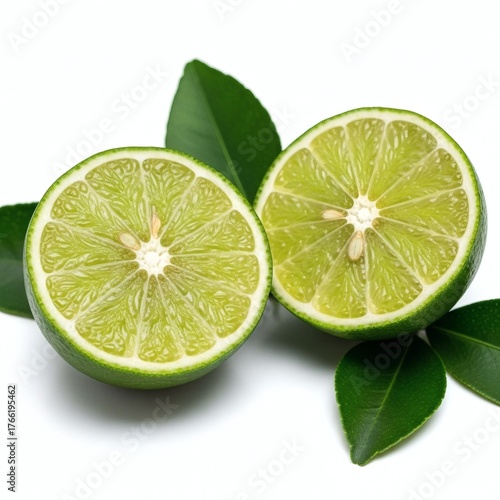 Fresh Juicy Lime Halves with Green Leaves on White Background for Summer Refreshment and Healthy Eating