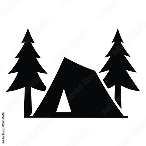Silhouette of a camping tent nestled between two tall evergreen trees in a forest setting