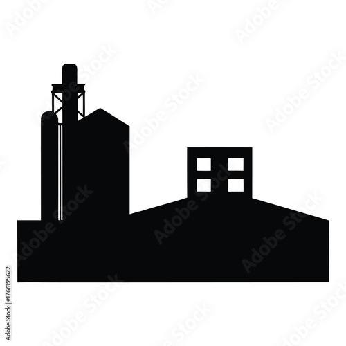 Silhouette of industrial buildings with silos and a central structure against a white background