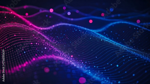 Abstract digital wave background with glowing blue and pink particles, futuristic data visualization, AI technology concept
