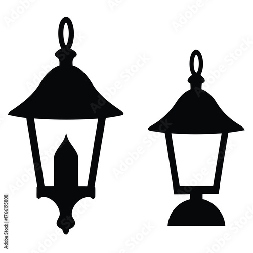 Two silhouette style outdoor lanterns one hanging and one post mounted