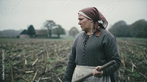 Resilient historical peasant woman working diligently in a vast agricultural field portraying a scene of traditional farming and rural labor on a cloudy day