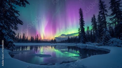 Northern Lights Over Frozen Lake and Pine Trees – Magical Arctic Night Scene