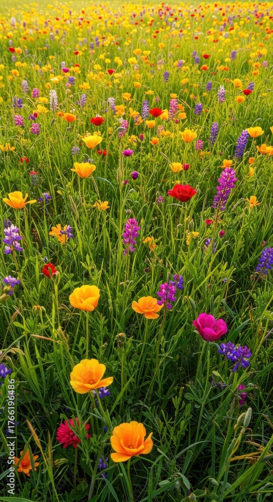 Fototapeta premium A vibrant tapestry of colorful wildflowers blooming profusely across a sunny, green meadow under a bright, clear spring sky ,bloom ,background ,green
