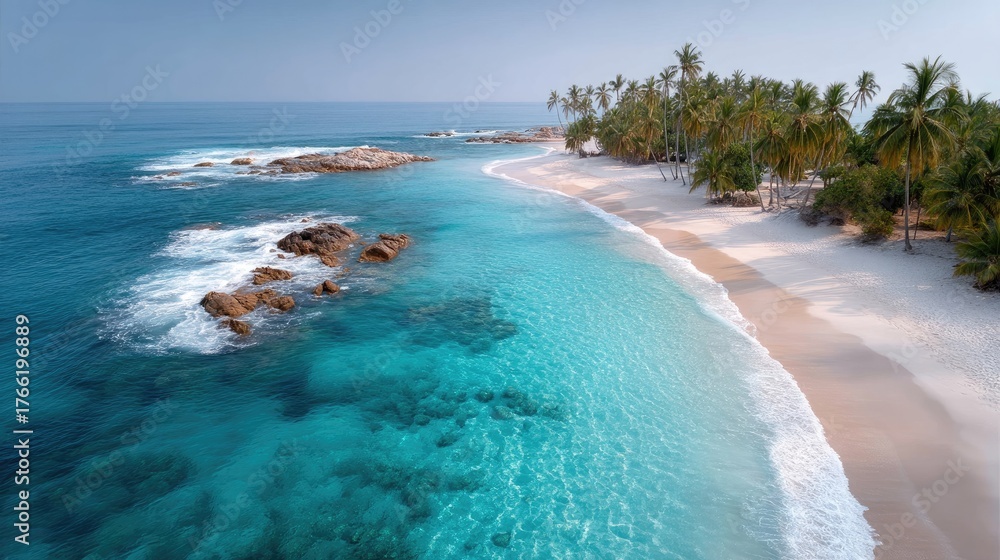 Fototapeta premium Aerial View of a Tropical Island Beach With Turquoise Water and Palm Trees Under Bright Sunlight