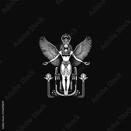 Ancient Egyptian Goddess Isis illustration vector art. The goddess of magic and motherhood is depicted standing with large wings, holding a scepter and ankh