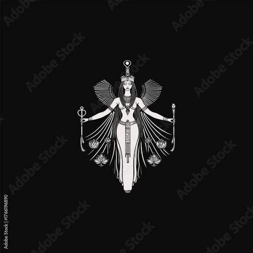 Ancient Egyptian Goddess Isis illustration vector art. The goddess of magic and motherhood is depicted standing with large wings, holding a scepter and ankh