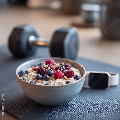 Healthy pre-workout meal, a bowl of oats with berries and nuts