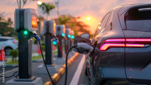 Electric vehicle charging at sunset