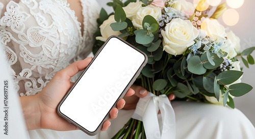 A bride in a white lace dress holds a smartphone with a blank screen next to a bouquet of white roses and eucalyptus.