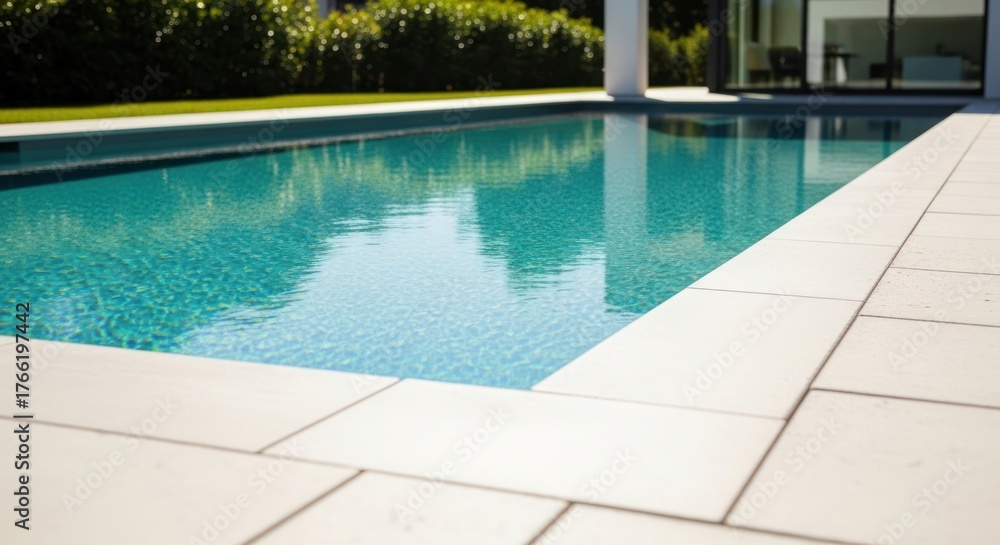 Obraz premium A turquoise pool reflects sky under bright sunlight, bordered by white stone