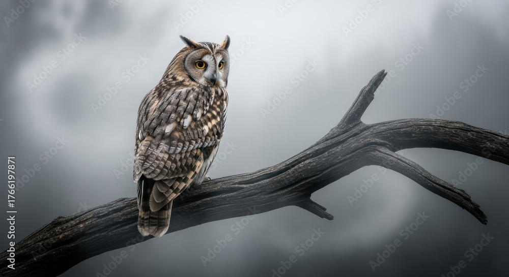 Obraz premium An owl with long ear tufts perches on a bare, weathered branch against a misty backdrop