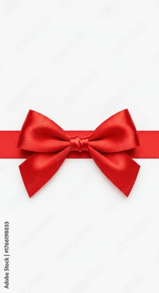 Fototapeta premium Perfect red satin ribbon bow laid flat and centered horizontally, suitable for holiday gift wrapping or decoration ,shiny ,holiday ,decoration