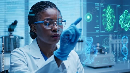 Scientist Analyzing DNA Data in Futuristic Laboratory