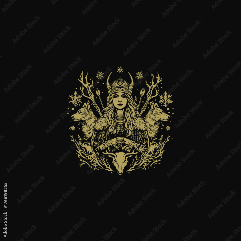 Fototapeta premium Intricate gold illustration of a Nordic goddess or queen wearing a horned helmet, surrounded by twin wolves, deer antlers, and natural elements like branches and snowflakes