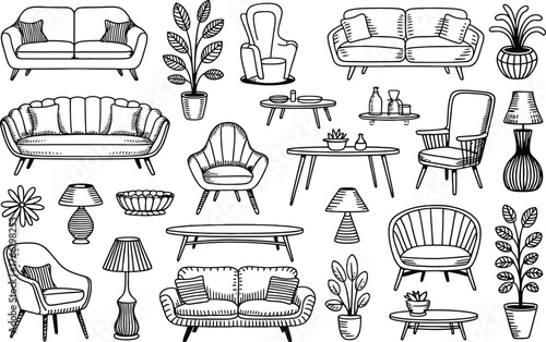 Hand-Drawn Collection of Mid-Century Modern Furniture and Decor