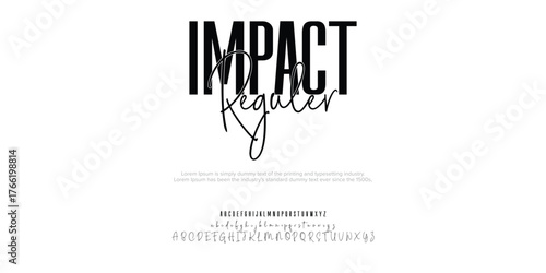 Impact Reguler Abstract Fashion font alphabet. Minimal modern urban fonts for logo, brand etc. Typography typeface uppercase lowercase and number. vector illustration