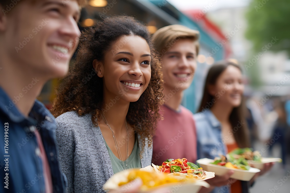 Obraz premium Casual Get-Together, Group of Friends Eating and Laughing Outside