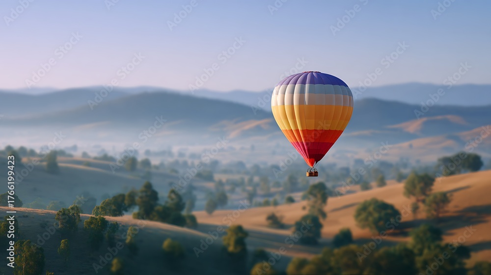 Naklejka premium Colorful Hot Air Balloon Flying Serene over a Scenic Hilly Landscape