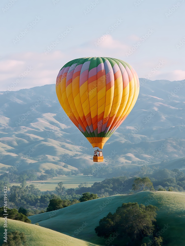 Fototapeta premium Colorful Hot Air Balloon Flying Serene over a Scenic Hilly Landscape