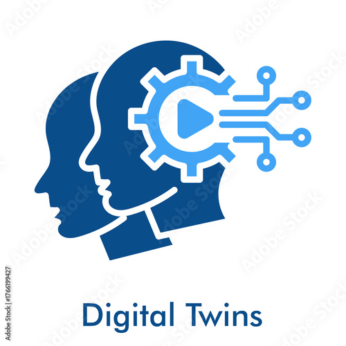Digital Twins Icon in Duotone Style. Virtual model simulation and physical object replica technology sign.