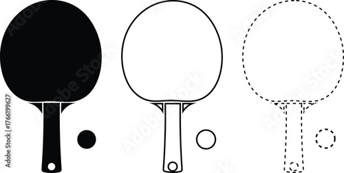 Ping Pong Paddle & Ball Icons – Solid, Outline, Dashed