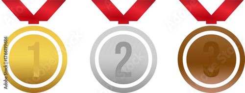 Set of Gold, Silver, and Bronze Award Medals with Red Ribbons
