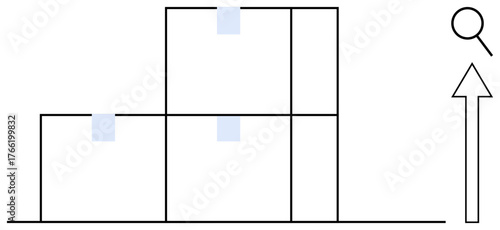 Stacked blocks representing growth stages with a magnifying glass and upward arrow symbolizing analysis, progress, and improvement. Ideal for productivity, strategy, management, development
