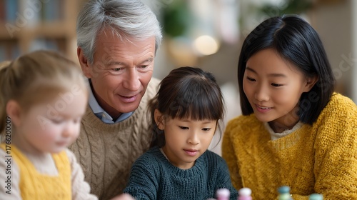 Asian grandparents lovingly teaching their curious mixed-heritage grandchild about traditional culture, language, and family history in a warm, intergenerational setting