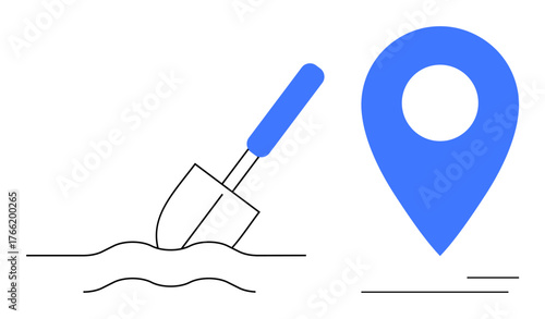 Shovel digging in wavy soil beside a blue location pin. Ideal for navigation, exploration, research, discovery, location, progress, strategy. Simple flat metaphor