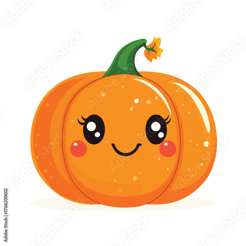 A cute, smiling cartoon pumpkin with rosy cheeks and a green stem, isolated on a white background.   , vector style simple color