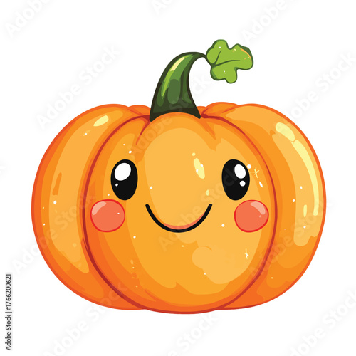 A cute, smiling cartoon pumpkin with rosy cheeks and a green stem, isolated on a white background.   , vector style simple color