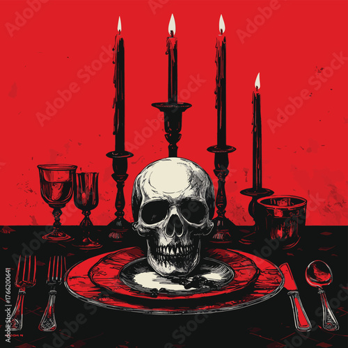 A gothic dinner table setting with a black skull centerpiece, red candles, and black tableware for a Halloween celebration.   , vector style simple color